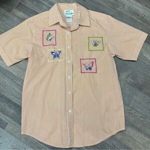 Vintage 90’s QuackerFactory Striped Button Down Shirt with Butterfly Embroidery‎